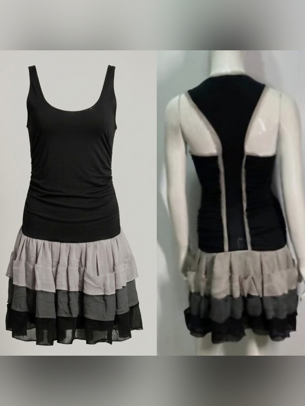 Vintage/Y2k Bebe Retro Silk Trim Tiered Ruffle Mini Dress - Black & Grey - XS